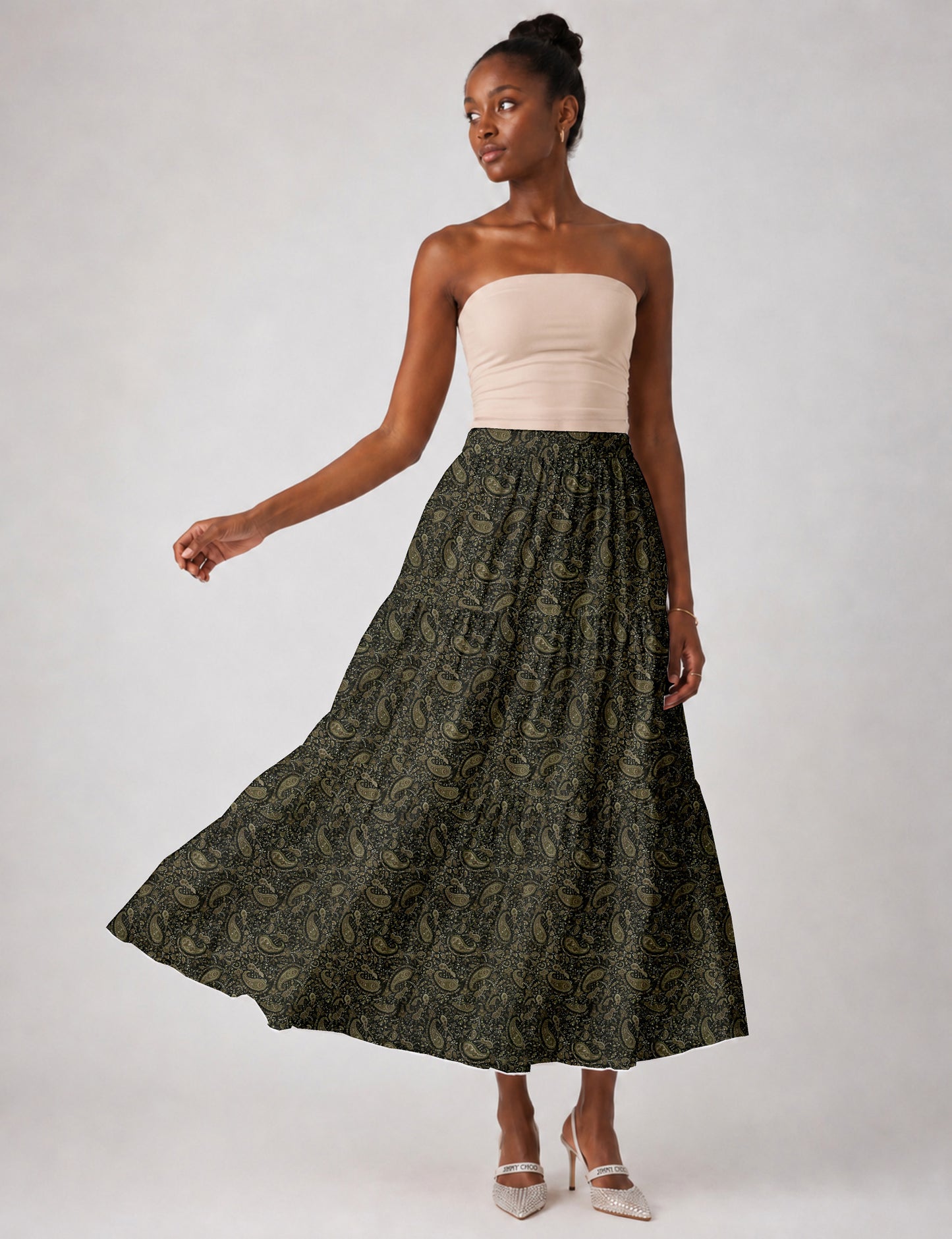 Midi Tiered Skirt - Green Paisley