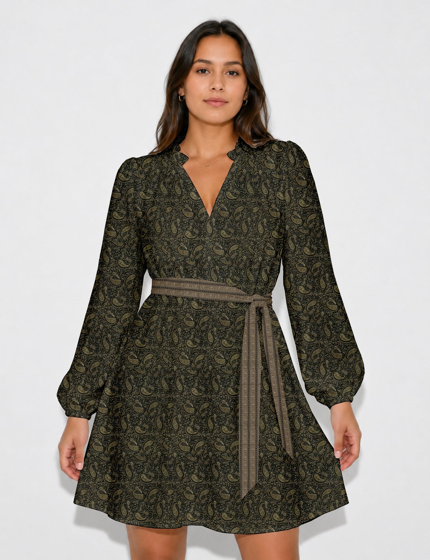 Swing dress with belt - Green Paisley