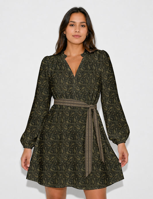 Swing dress with belt - Green Paisley
