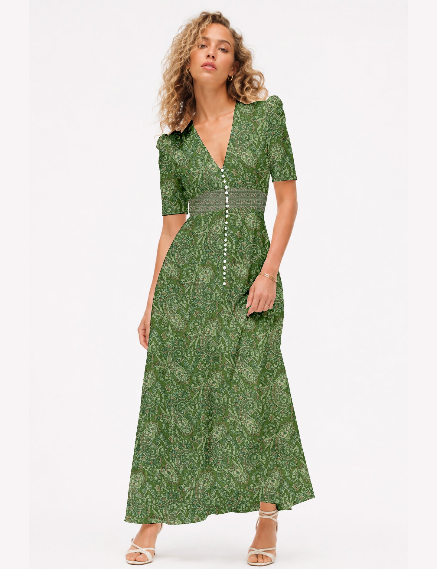 Maxi romantic dress with a fitted bodice, V-neckline, functional button placket, structured waist panel, short sleeves, and a softly flared ankle-length A-line skirt.