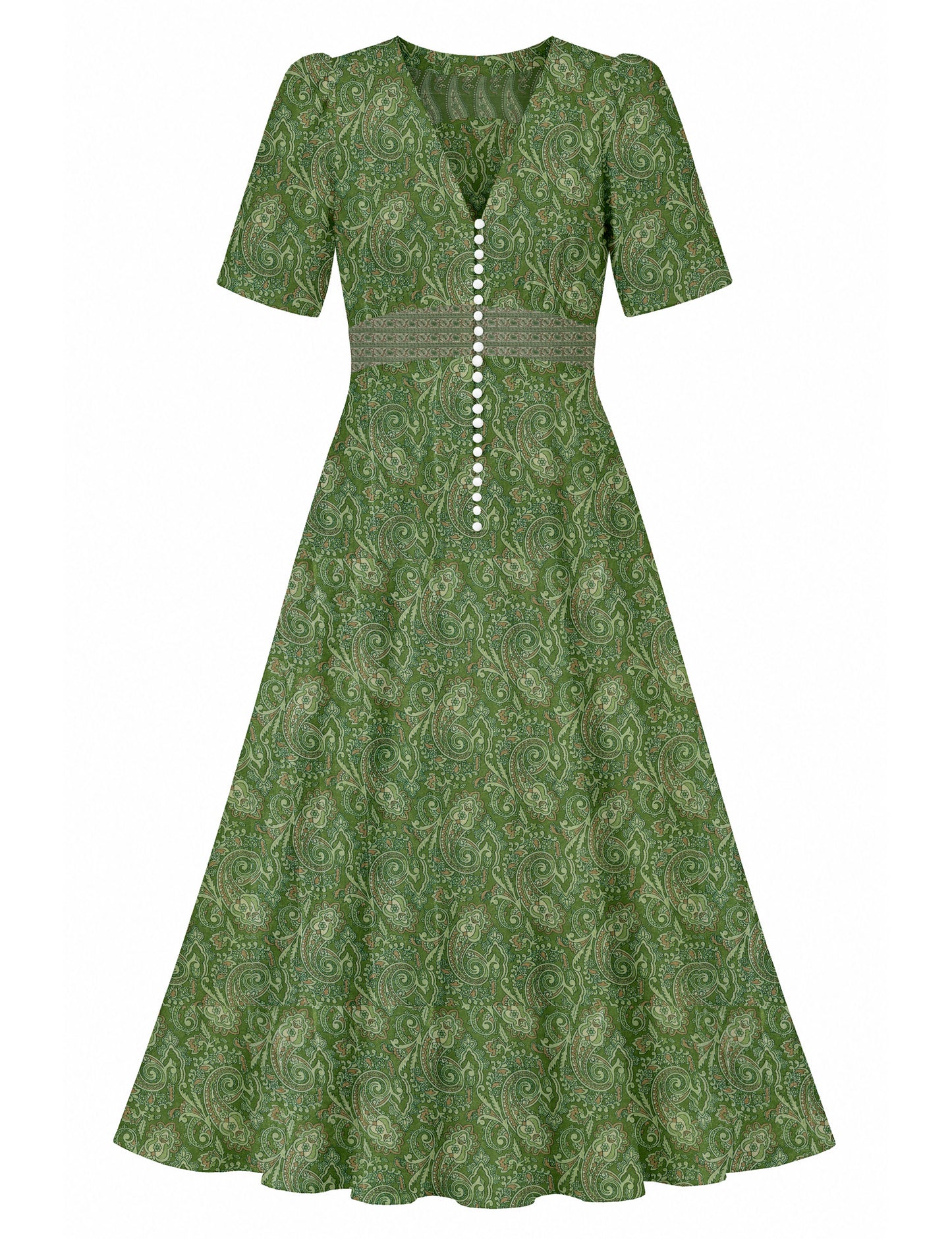 Maxi romantic dress with a fitted bodice, V-neckline, functional button placket, structured waist panel, short sleeves, and a softly flared ankle-length A-line skirt.
