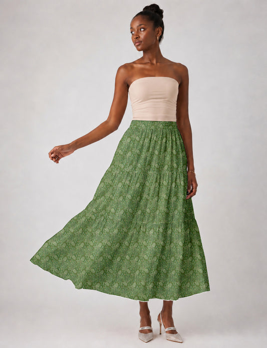 Yellow midi tiered skirt with small dark geometric micro pattern, flat lay front view