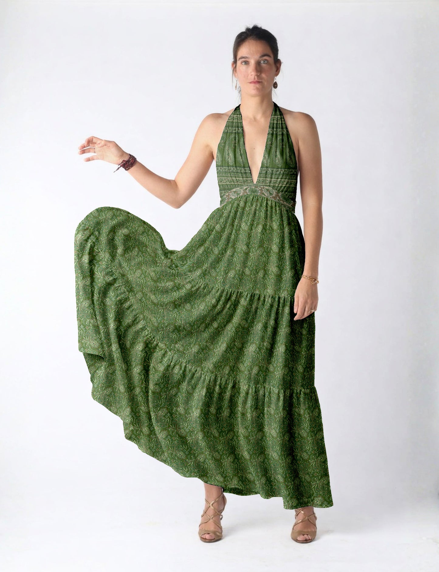 Maxi tiered dress by I was a Sari with halter neckline and flowy silhouette