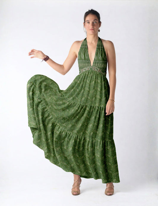 Maxi tiered dress by I was a Sari with halter neckline and flowy silhouette