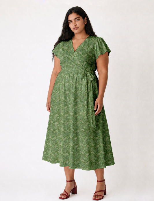 Elegant midi wrap dress with a V-neckline, adjustable waist tie, fitted bodice, and flared skirt for a timeless, flattering silhouette.