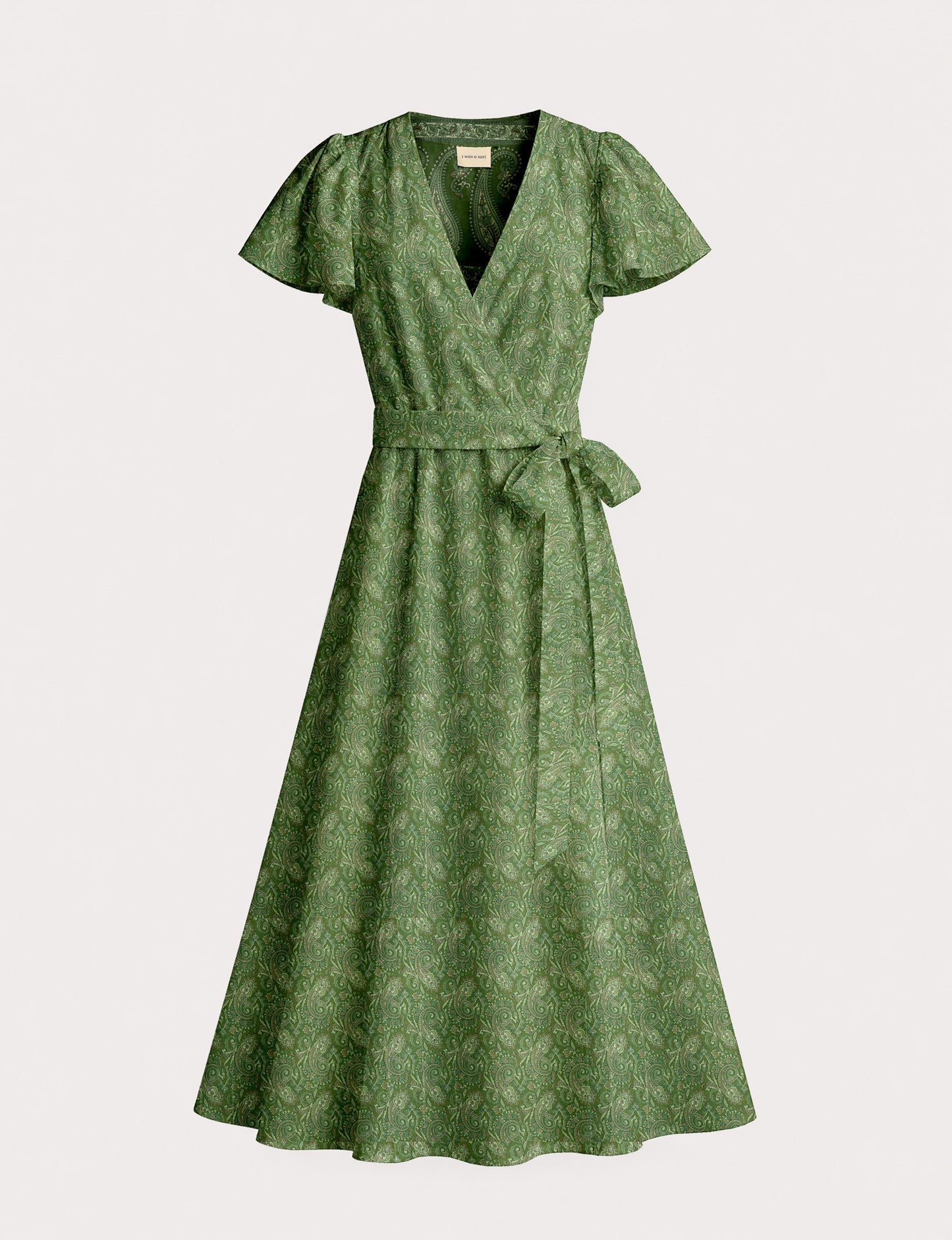 Elegant midi wrap dress with a V-neckline, adjustable waist tie, fitted bodice, and flared skirt for a timeless, flattering silhouette.