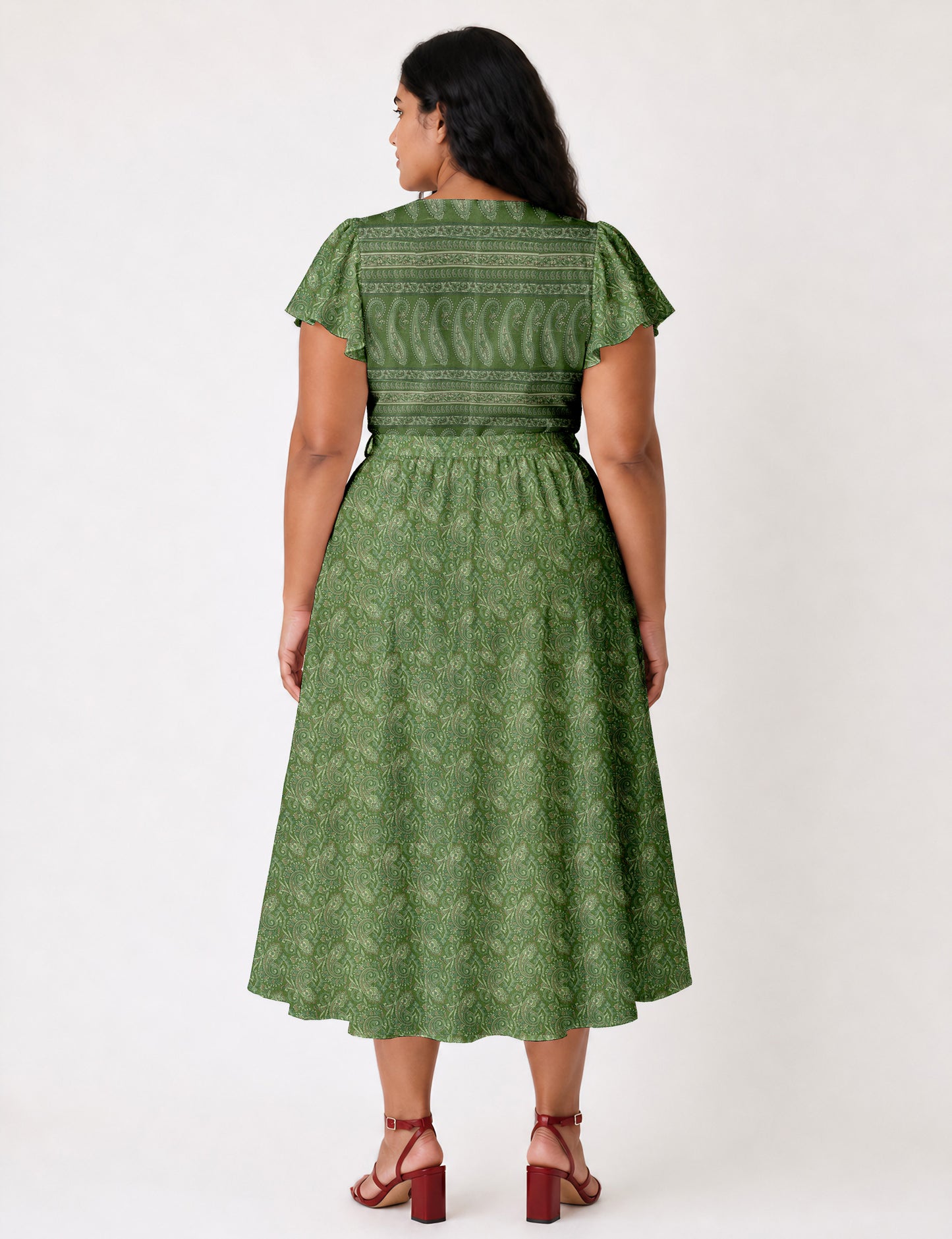 Elegant midi wrap dress with a V-neckline, adjustable waist tie, fitted bodice, and flared skirt for a timeless, flattering silhouette.