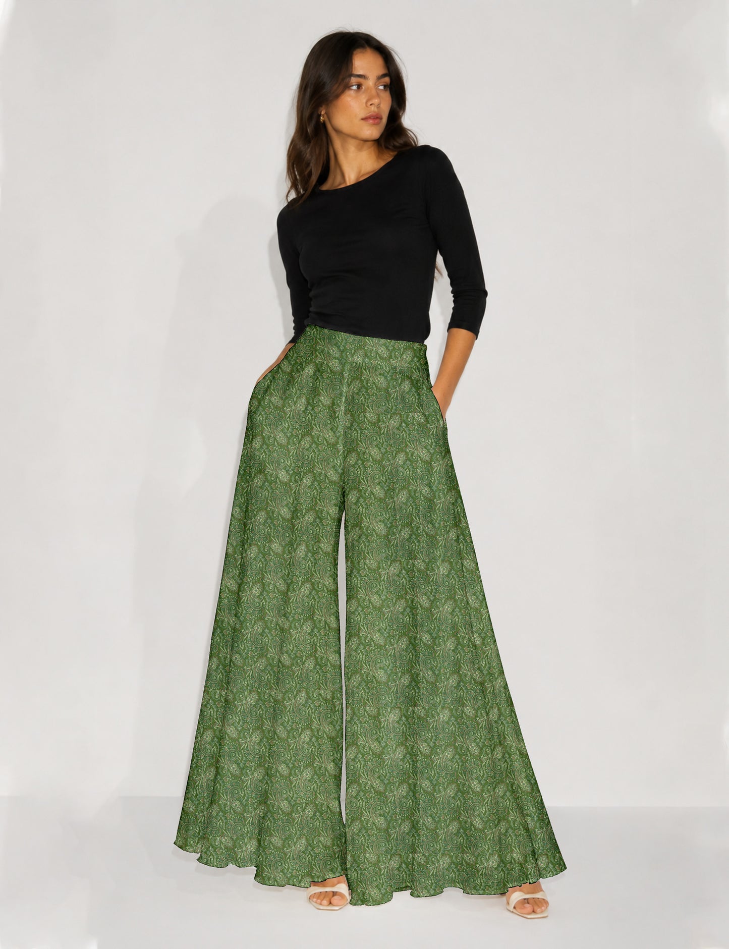 Wide Leg Palazzo Trousers - Green Paisley