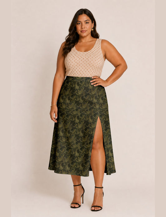 A line skirt with slit - Green Paisley