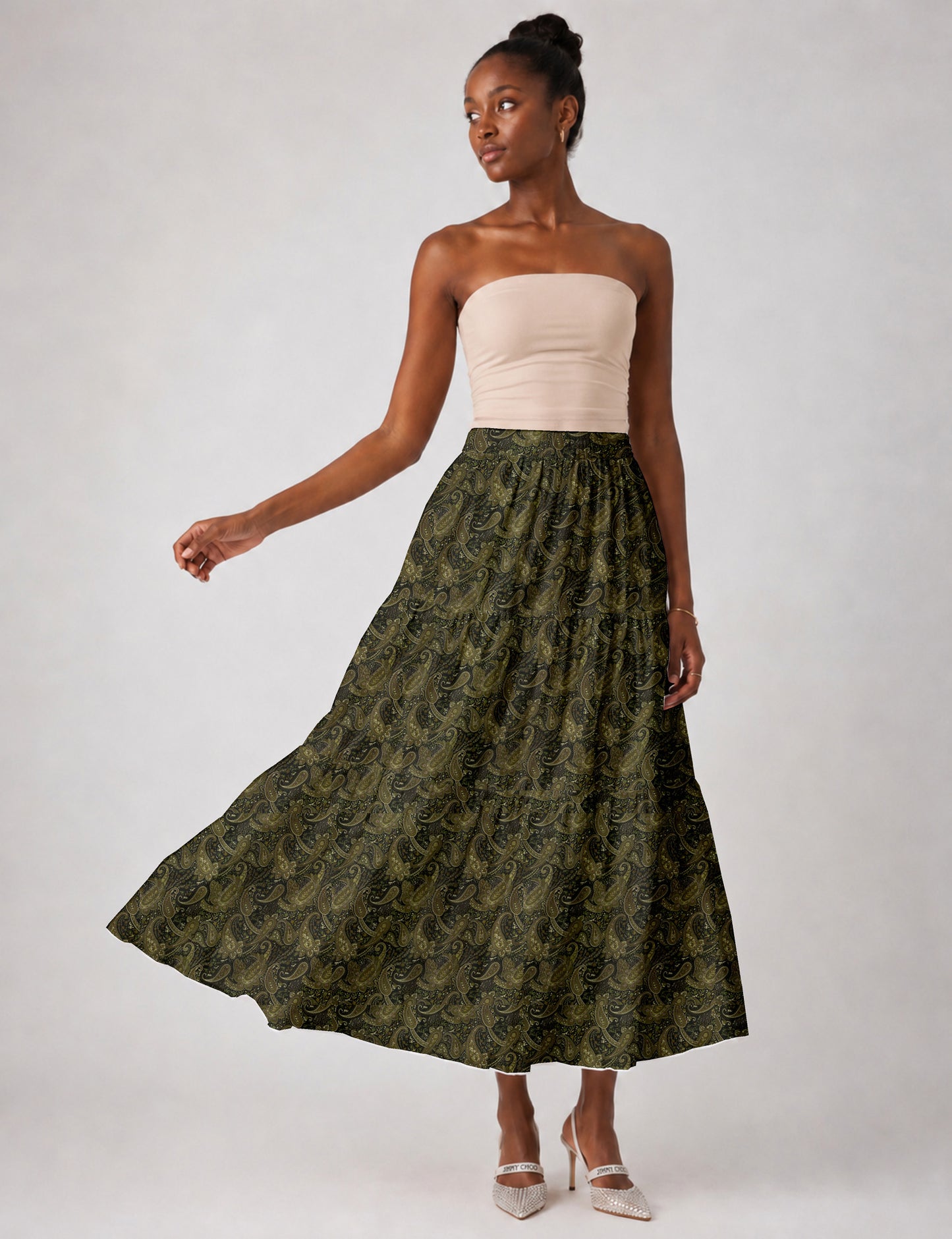 Midi Tiered Skirt - Green Paisley