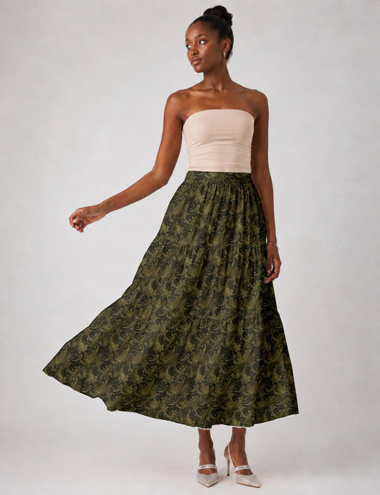 Midi Tiered Skirt - Green Paisley