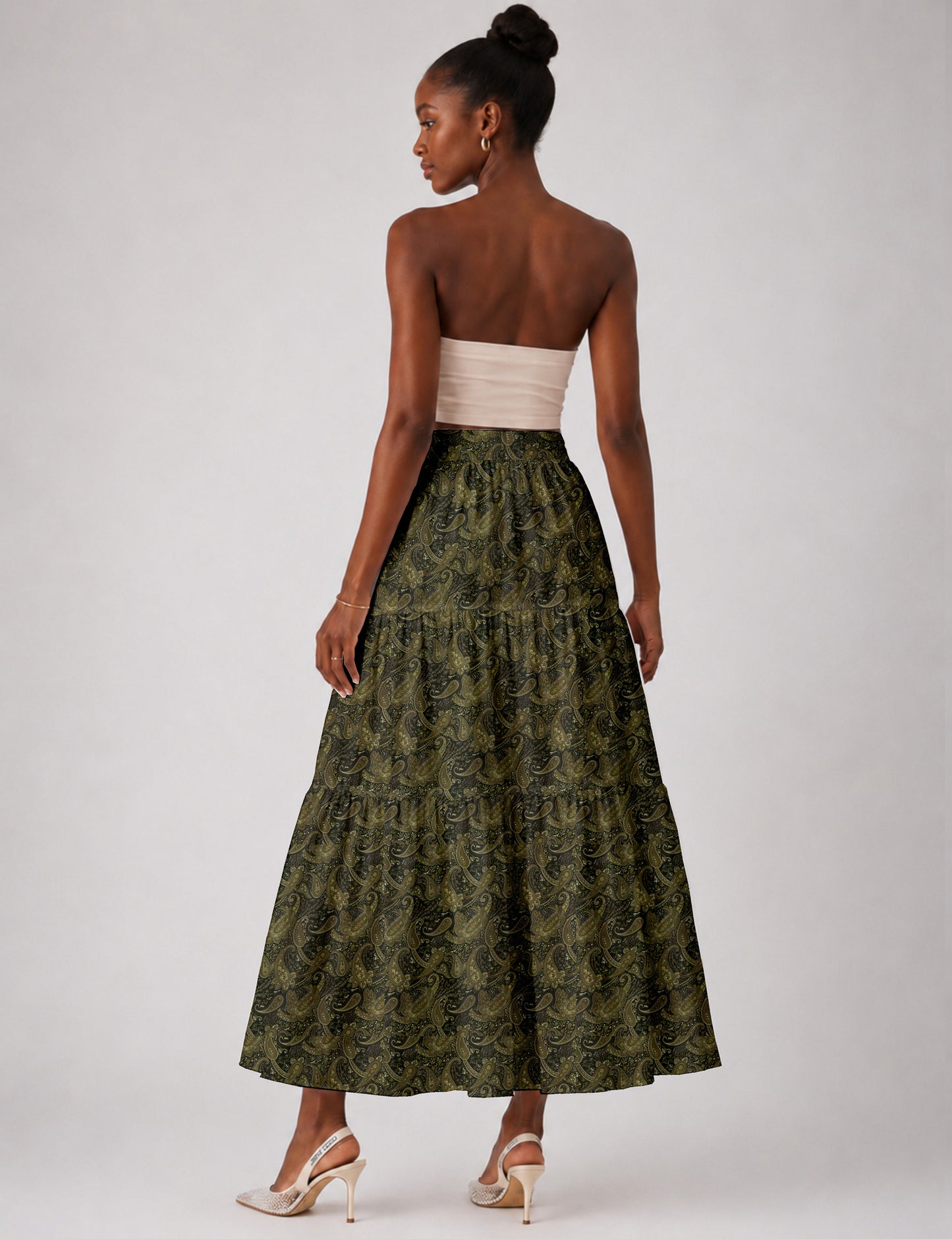 Midi Tiered Skirt - Green Paisley