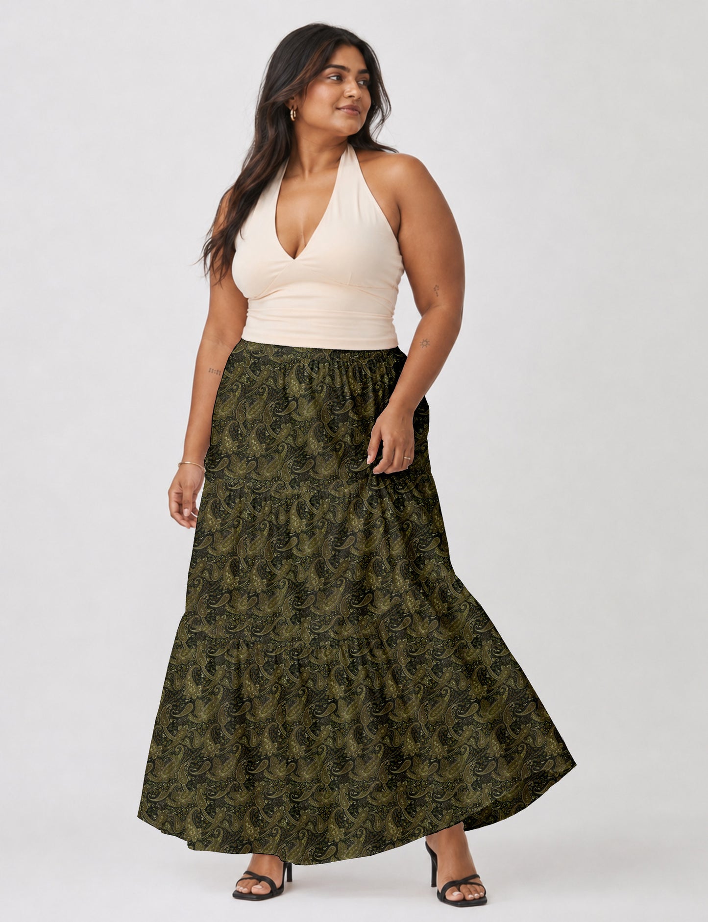 Midi Tiered Skirt - Green Paisley
