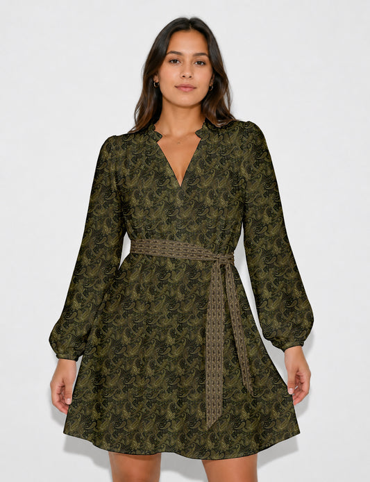 Swing dress with belt - Green Paisley