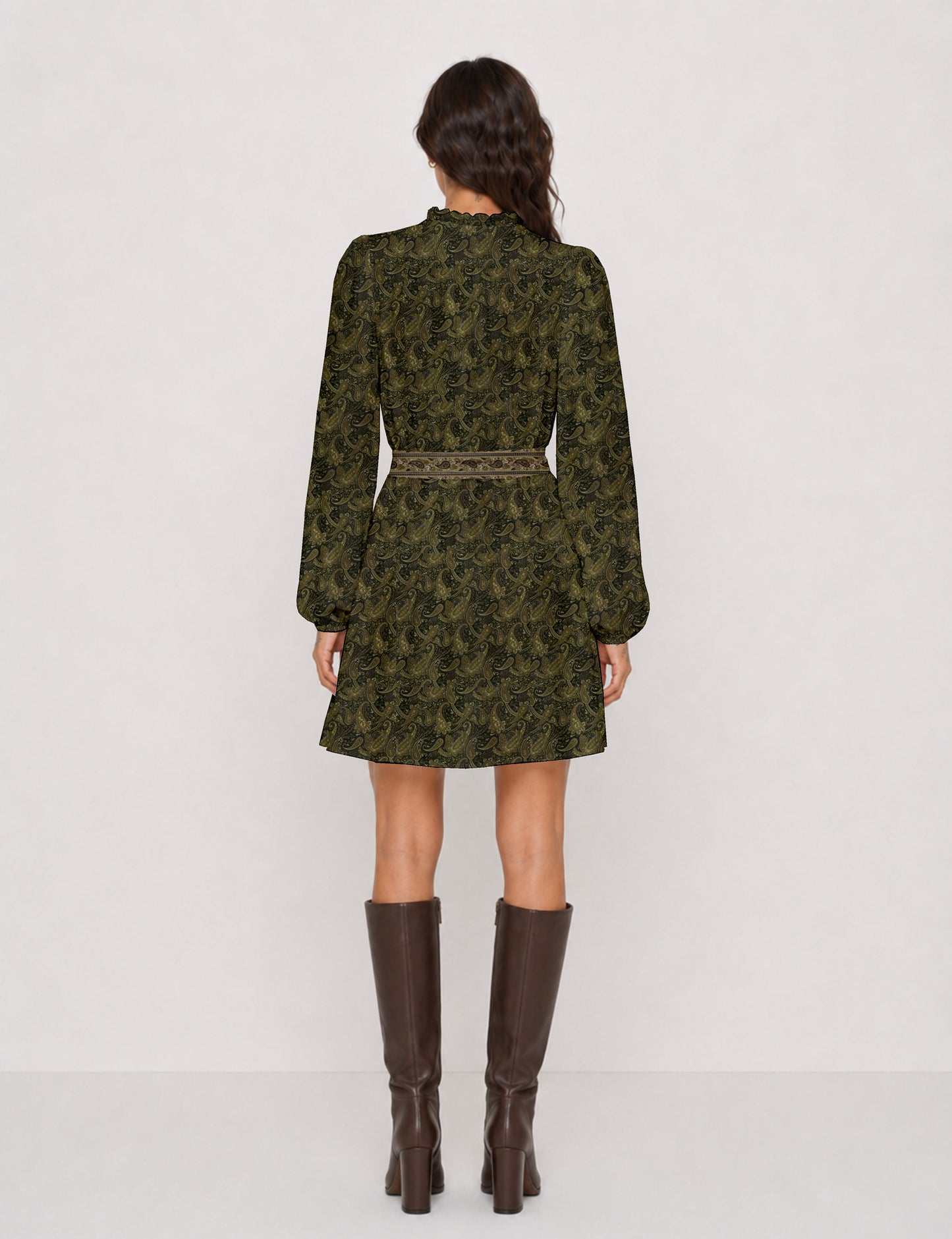 Swing dress with belt - Green Paisley