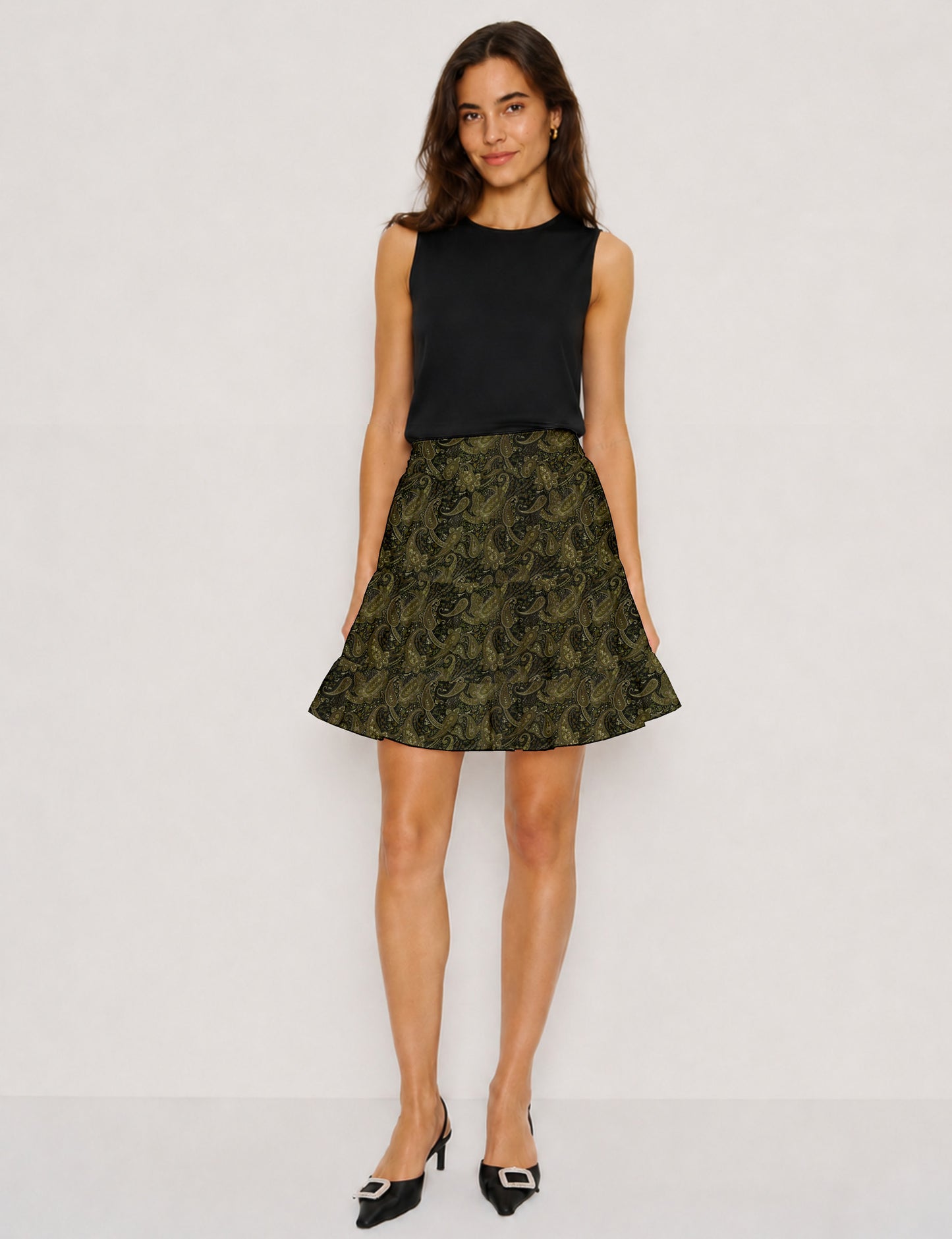 Short tiered skirt - Green Paisley