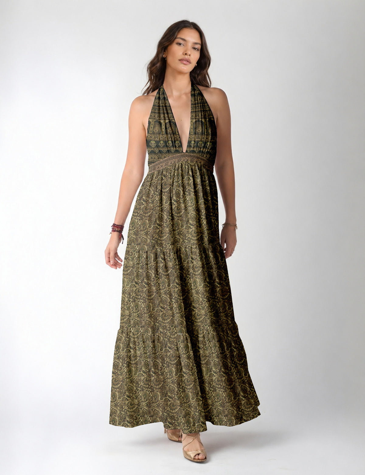 Maxi tiered dress by I was a Sari with halter neckline and flowy silhouette