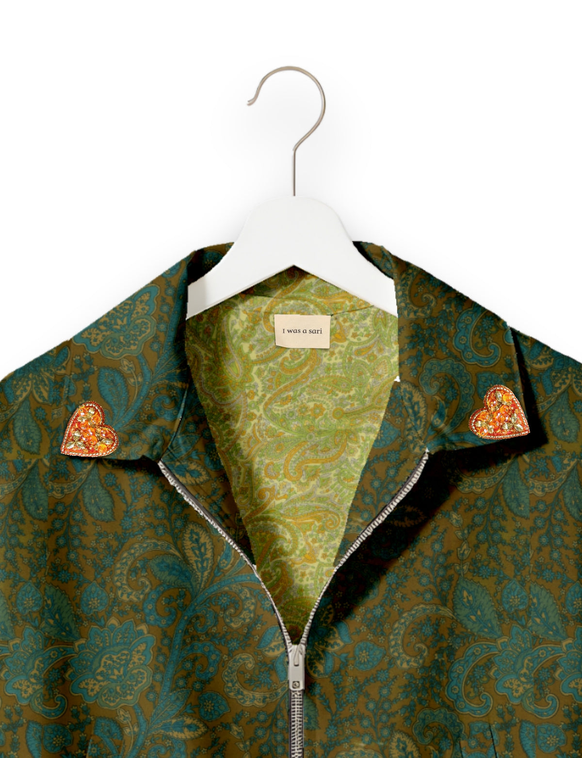 Love Bomber Jacket made from recycled fabric, featuring hand-stitched Aari embroidery. A unique piece of zero-waste clothing, part of the circular fashion movement. Designed with upcycled materials for a stylish yet environmentally friendly clothing choice.