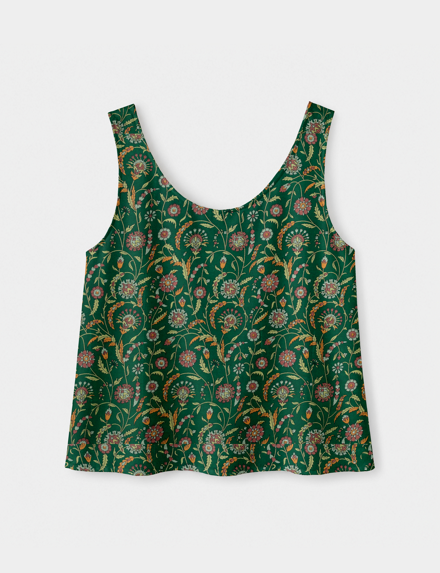 Women's sleeveless blouse with a relaxed straight fit, wide scoop neckline, deep scoop back, and hip-length silhouette.