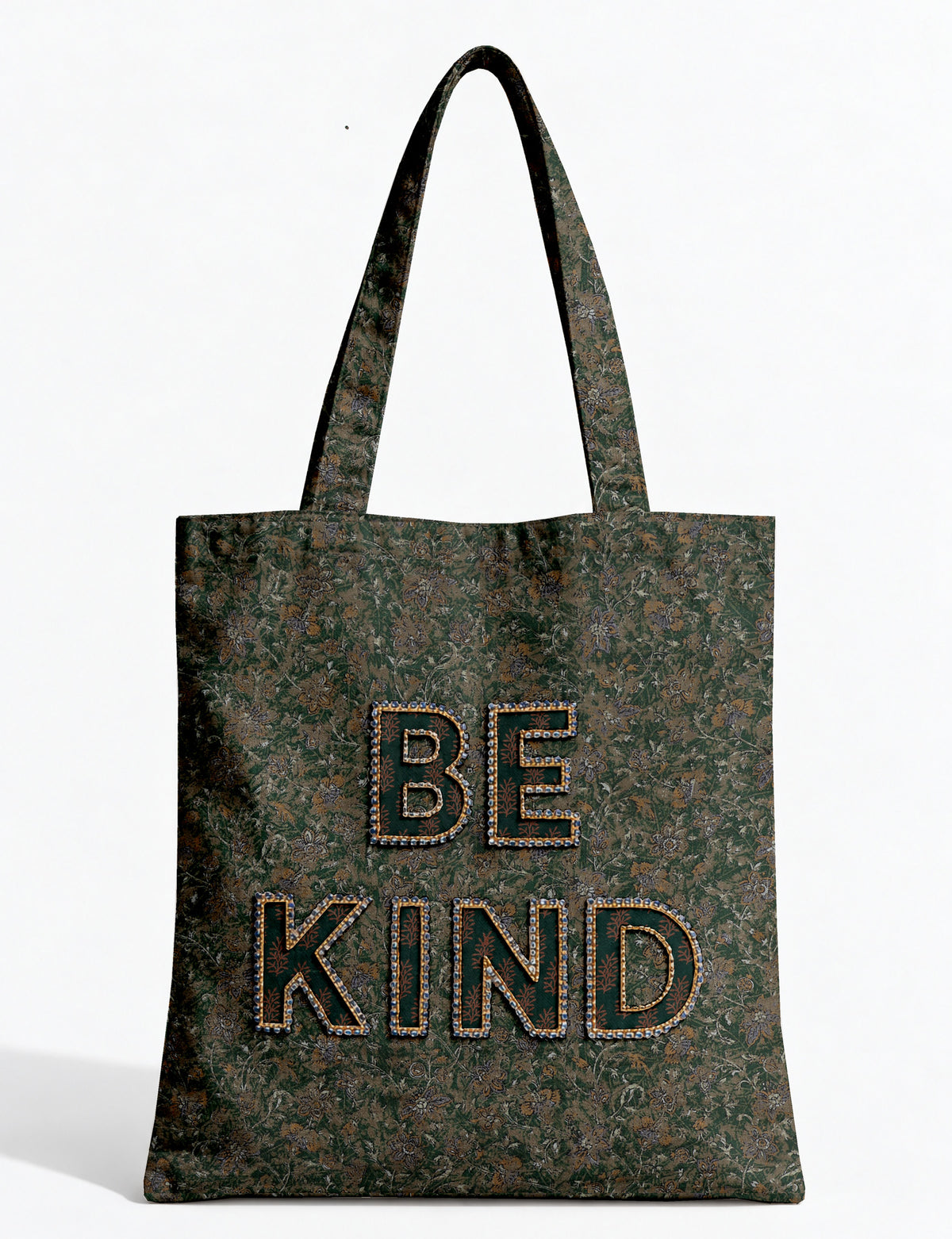 Be Kind tote bag with contrast sari fabric appliqué lettering, double shoulder straps, and front slip pocket.