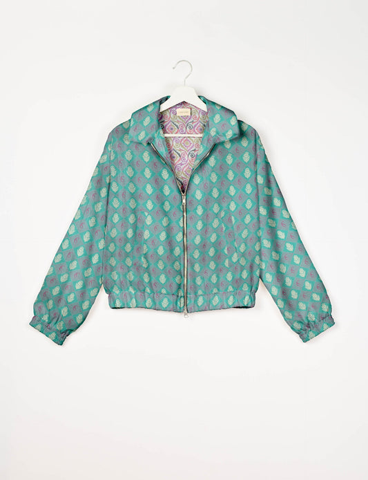 Upcycled Bomber Jacket made from recycled sari materials, featuring a cute cropped shape, elasticated hem and cuffs, and contrast sari print lining. Sustainable apparel promoting eco-friendly fashion and ethical clothing.