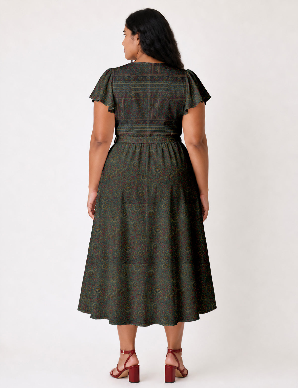 Elegant midi wrap dress with a V-neckline, adjustable waist tie, fitted bodice, and flared skirt for a timeless, flattering silhouette.