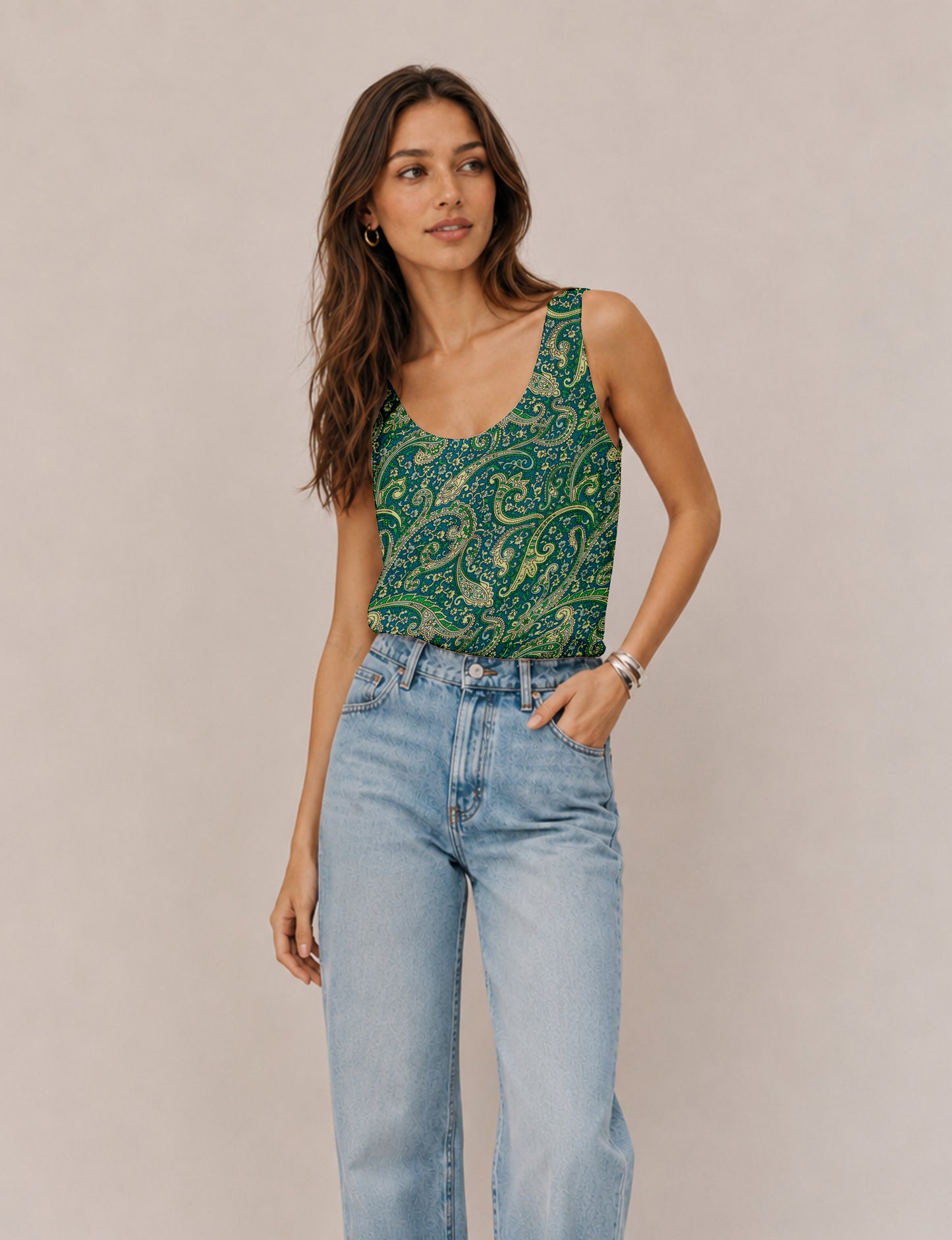 Women's sleeveless blouse with a relaxed straight fit, wide scoop neckline, deep scoop back, and hip-length silhouette.