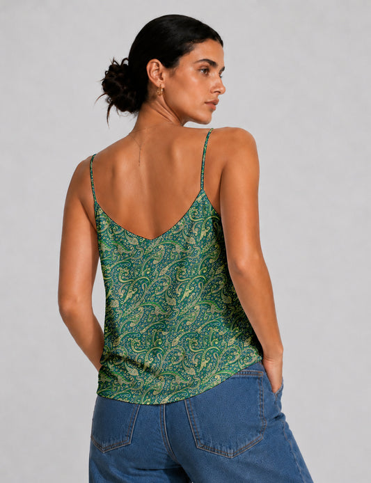 Women's sleeveless slip top with a relaxed straight fit, soft V-neckline, deep V-back, and delicate spaghetti straps.