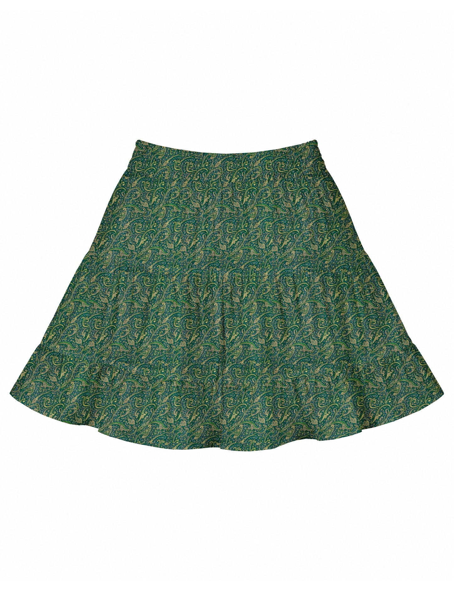 Short tiered skirt with a fitted waistband, knife pleats, softly flared silhouette, side seam pockets, and above-the-knee length.