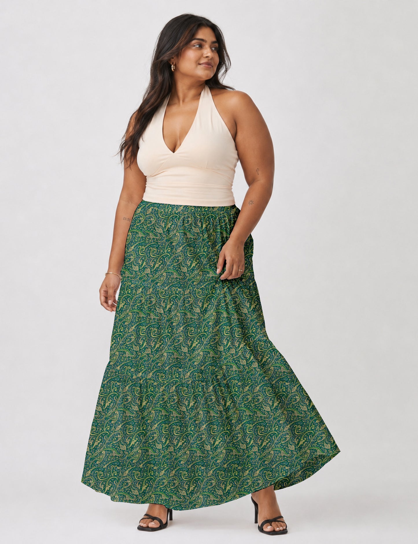 Yellow midi tiered skirt with small dark geometric micro pattern, flat lay front view