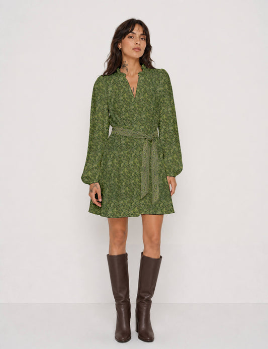 Swing dress with detachable tie belt, gathered ruffle neckline, full-length voluminous sleeves, elastic cuffs, and relaxed A-line silhouette in an above-knee length.