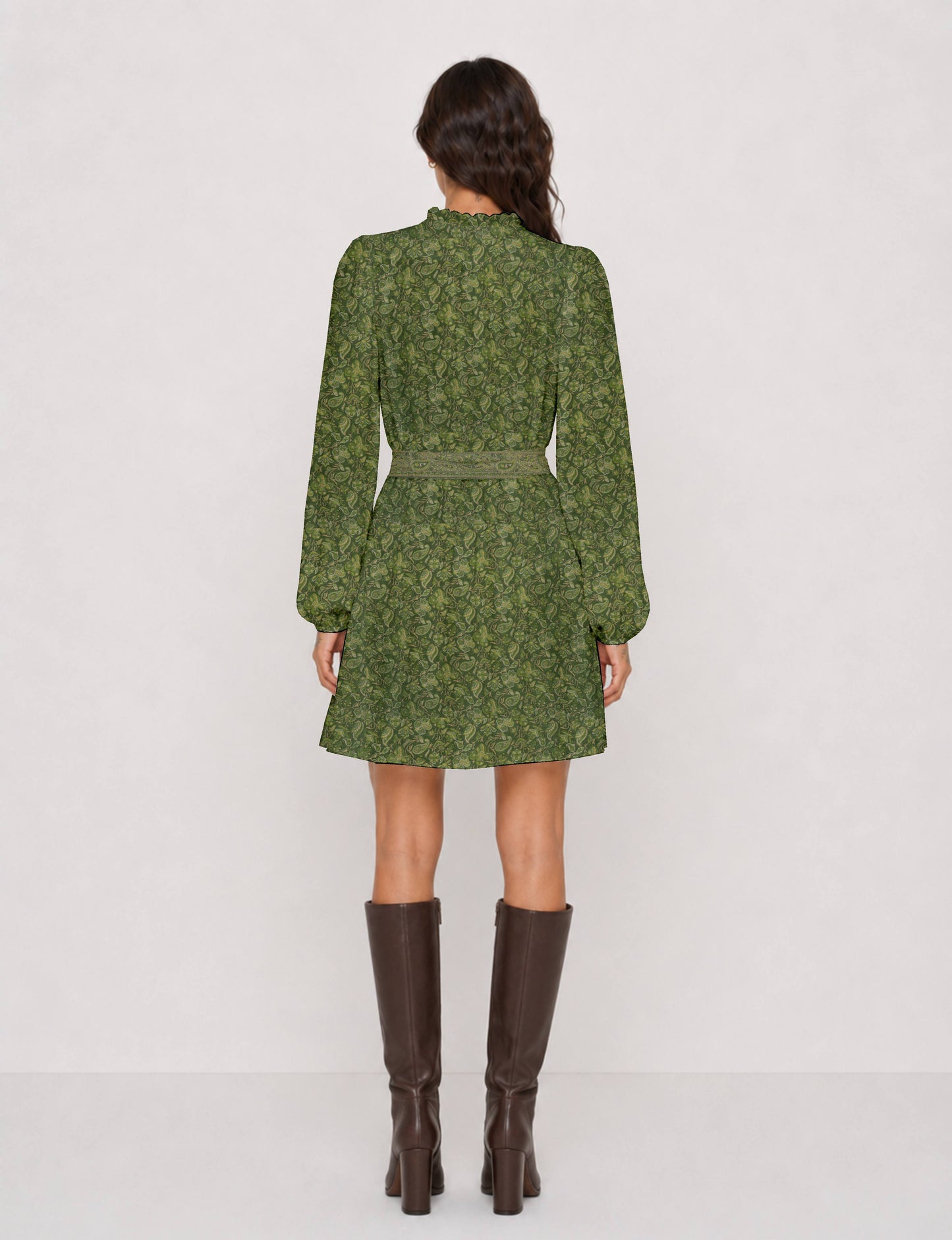 Swing dress with detachable tie belt, gathered ruffle neckline, full-length voluminous sleeves, elastic cuffs, and relaxed A-line silhouette in an above-knee length.