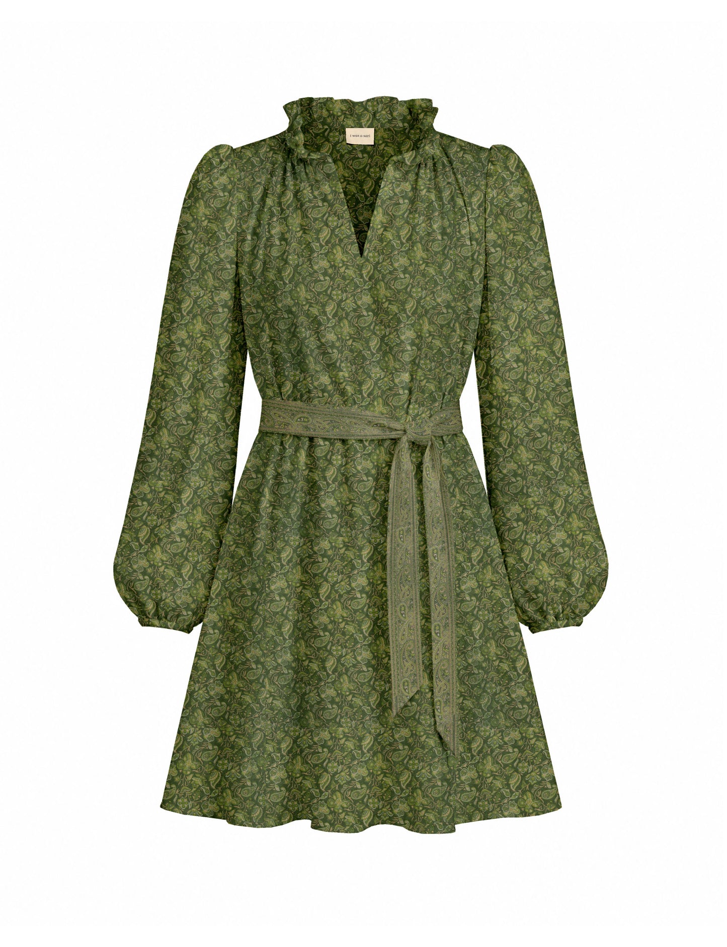 Swing dress with detachable tie belt, gathered ruffle neckline, full-length voluminous sleeves, elastic cuffs, and relaxed A-line silhouette in an above-knee length.