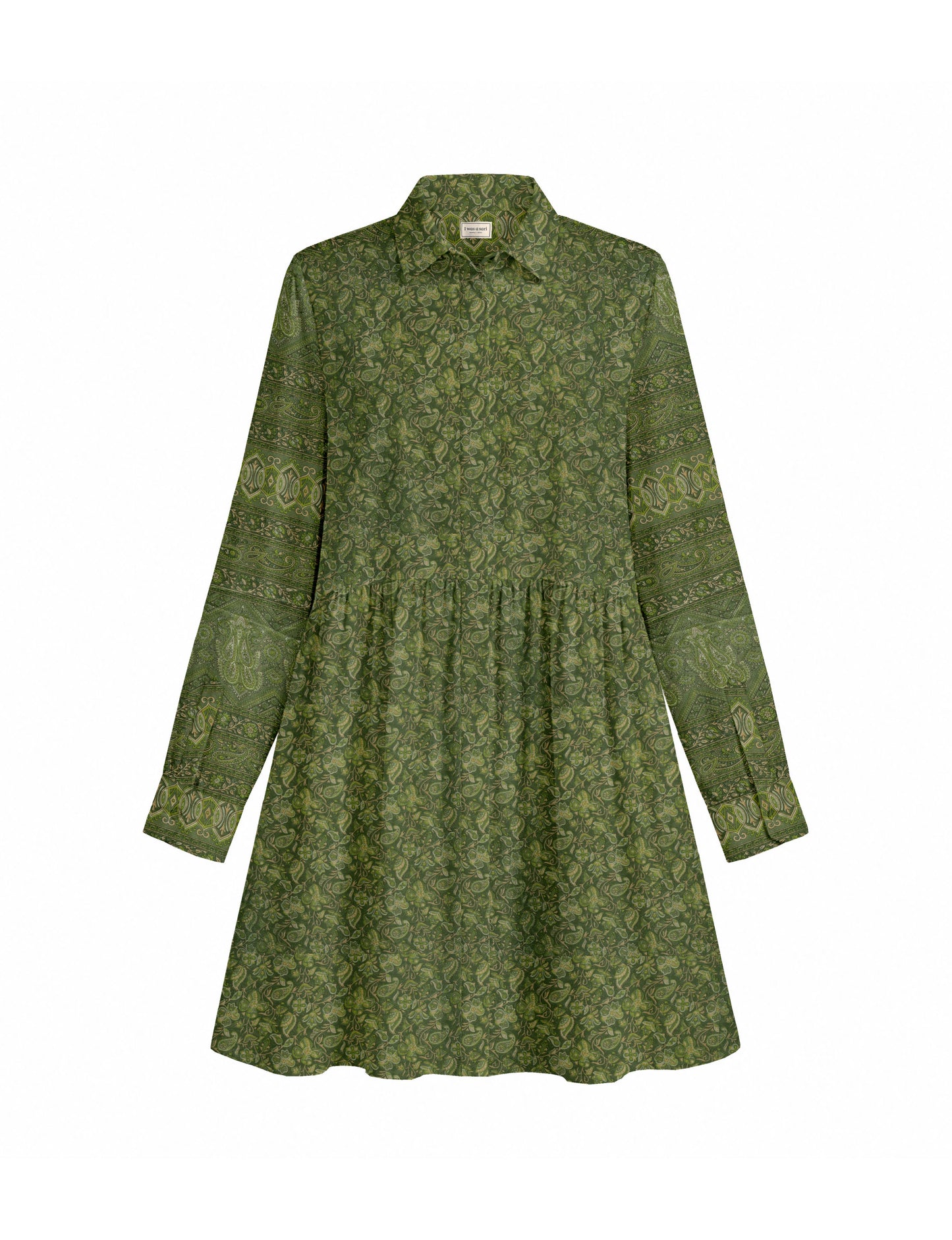 Short shirt dress with a relaxed A-line silhouette, point collar, partial button placket, gathered waist, side pockets, and full-length cuffed sleeves.