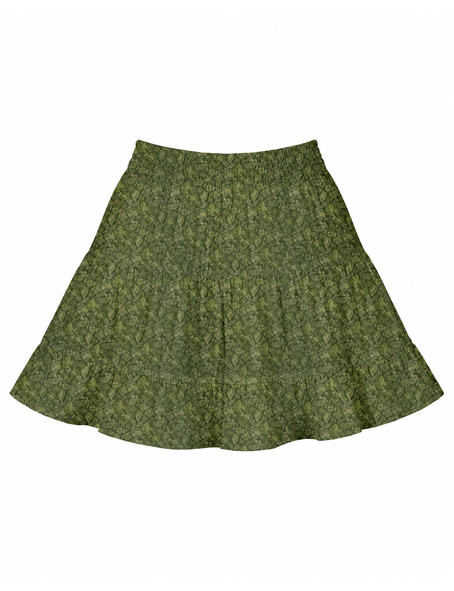Short tiered skirt with a fitted waistband, knife pleats, softly flared silhouette, side seam pockets, and above-the-knee length.