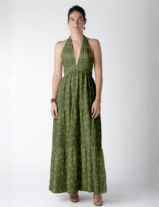 Maxi tiered dress by I was a Sari with halter neckline and flowy silhouette