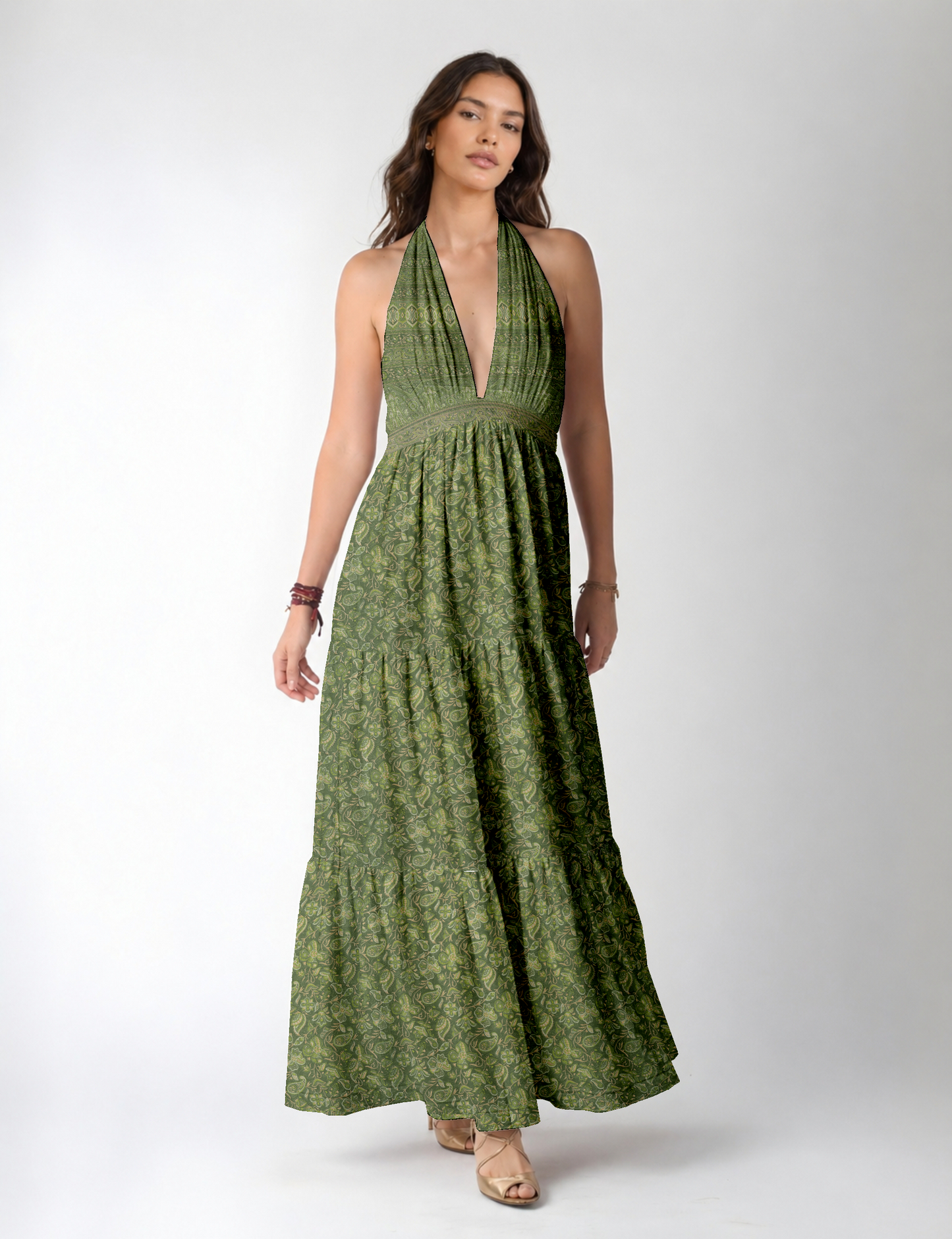 Halter neck maxi dress with tiered layers and elasticated back