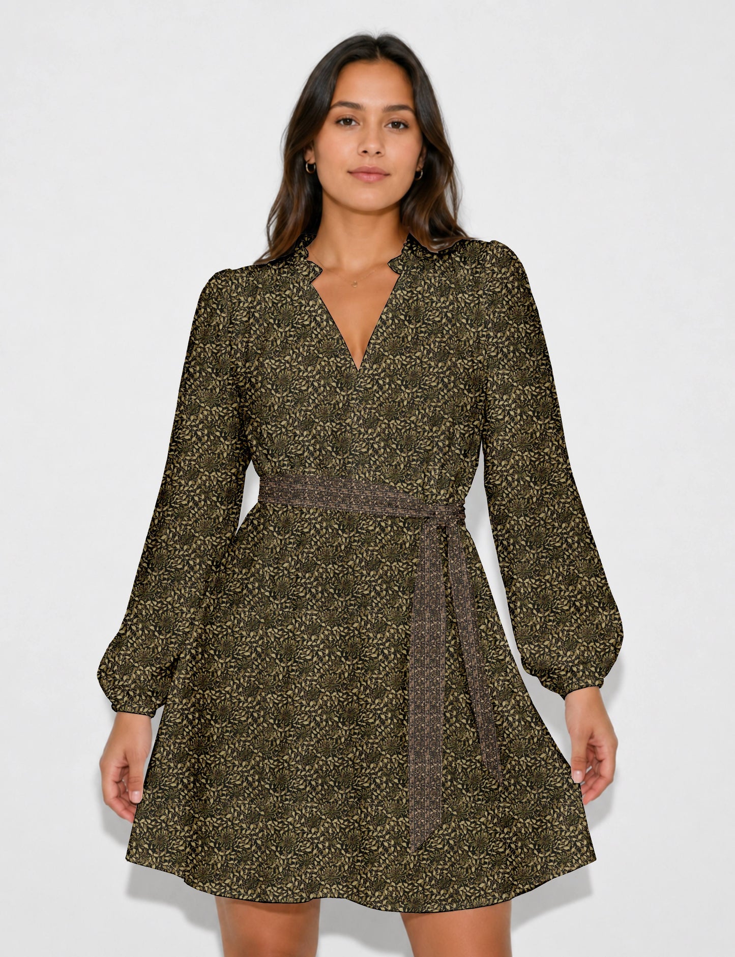 Swing dress with detachable tie belt, gathered ruffle neckline, full-length voluminous sleeves, elastic cuffs, and relaxed A-line silhouette in an above-knee length.