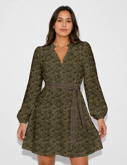 Swing dress with detachable tie belt, gathered ruffle neckline, full-length voluminous sleeves, elastic cuffs, and relaxed A-line silhouette in an above-knee length.