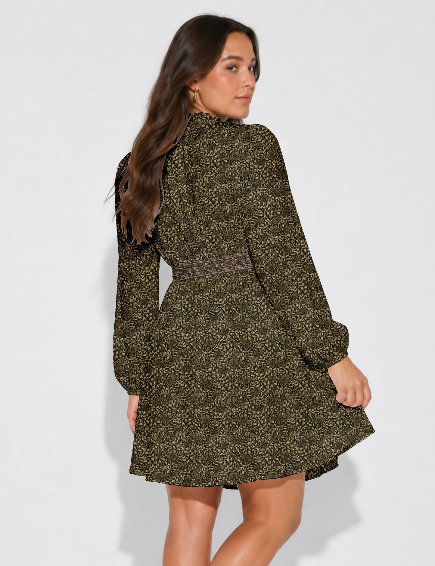 Swing dress with detachable tie belt, gathered ruffle neckline, full-length voluminous sleeves, elastic cuffs, and relaxed A-line silhouette in an above-knee length.