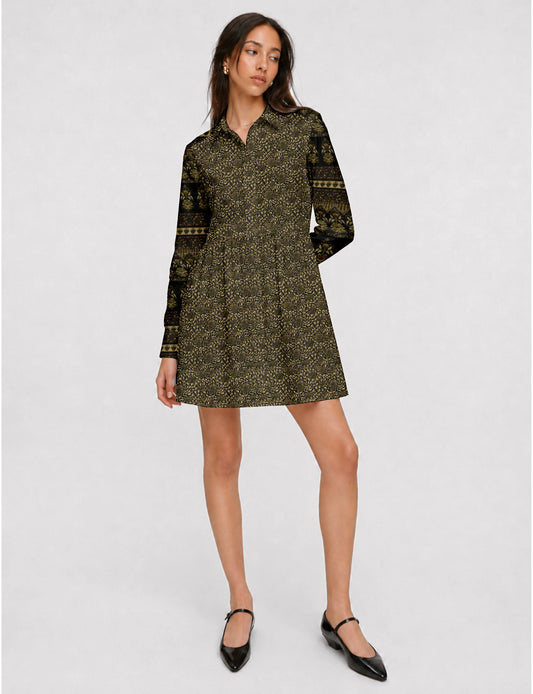 Short shirt dress with a relaxed A-line silhouette, point collar, partial button placket, gathered waist, side pockets, and full-length cuffed sleeves.