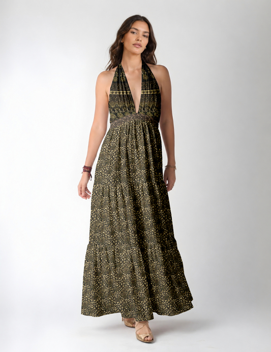 Maxi tiered dress by I was a Sari with halter neckline and flowy silhouette