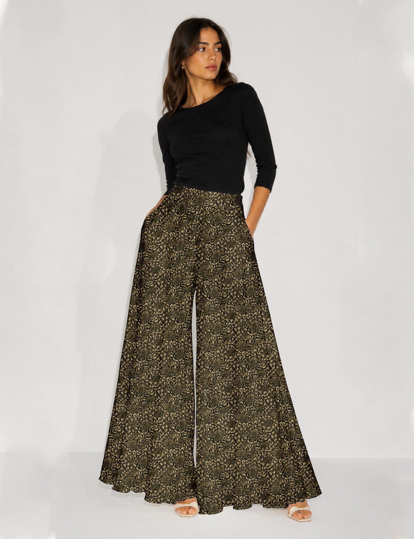Wide Leg Palazzo Trousers - Green Tropical