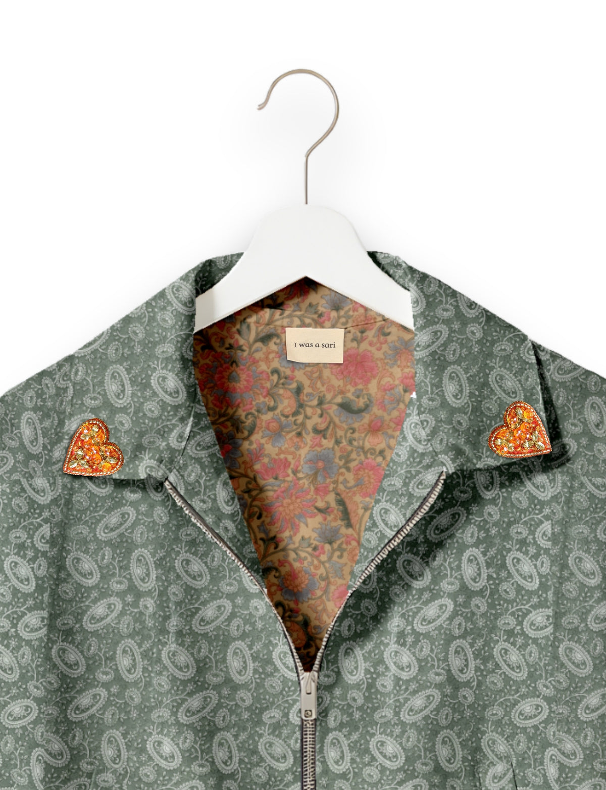 Love Bomber Jacket made from recycled fabric, featuring hand-stitched Aari embroidery. A unique piece of zero-waste clothing, part of the circular fashion movement. Designed with upcycled materials for a stylish yet environmentally friendly clothing choice.