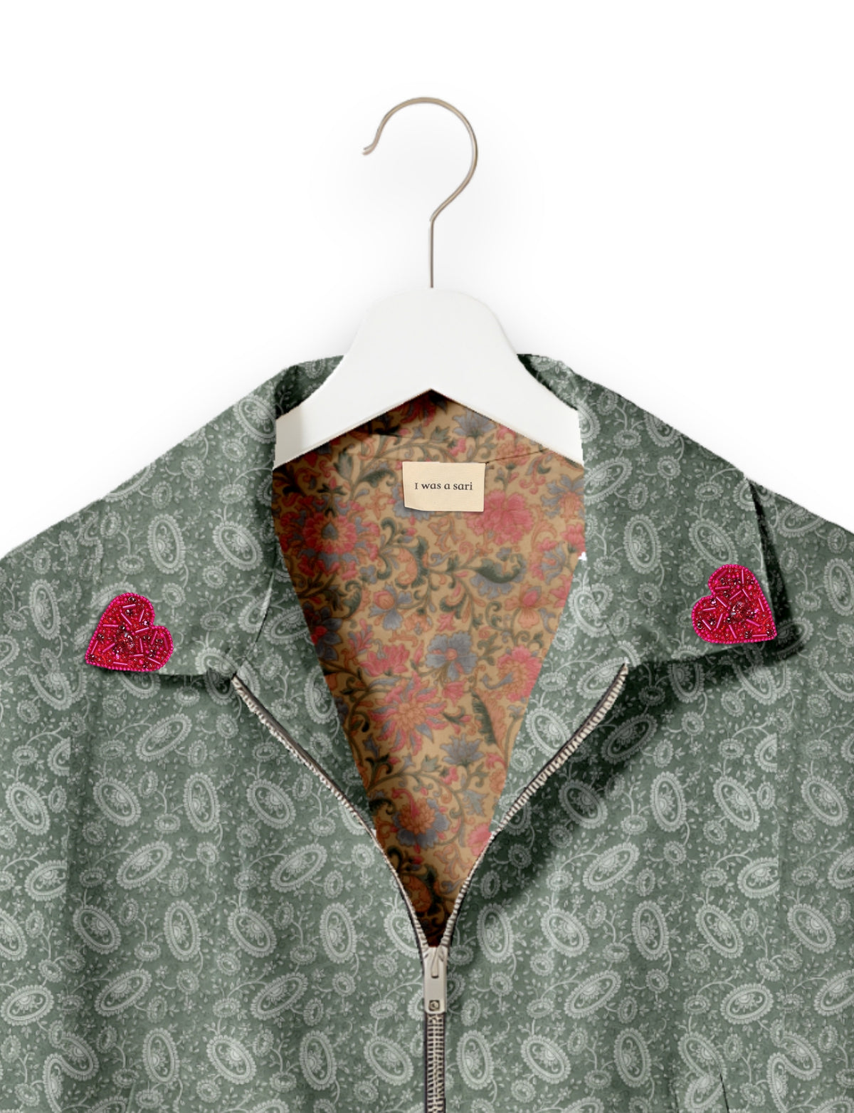 Love Bomber Jacket made from recycled fabric, featuring hand-stitched Aari embroidery. A unique piece of zero-waste clothing, part of the circular fashion movement. Designed with upcycled materials for a stylish yet environmentally friendly clothing choice.