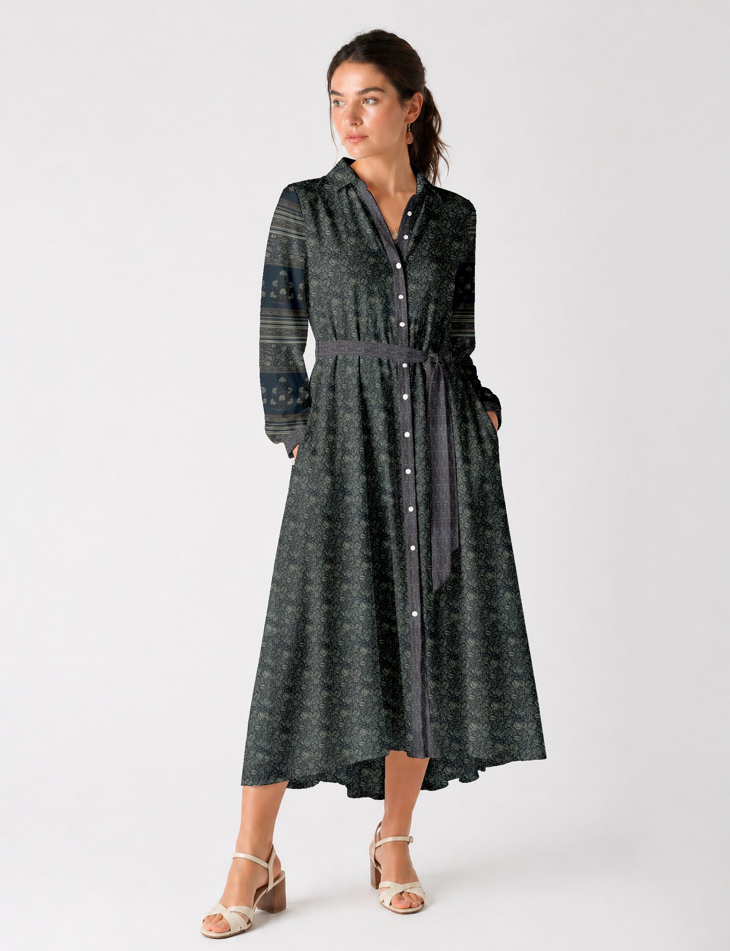 Long shirt dress side view highlighting flared silhouette