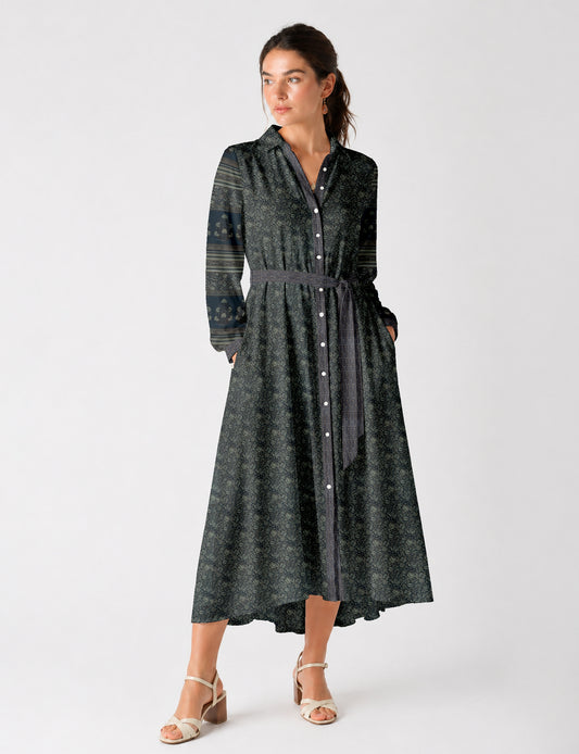 Long shirt dress side view highlighting flared silhouette