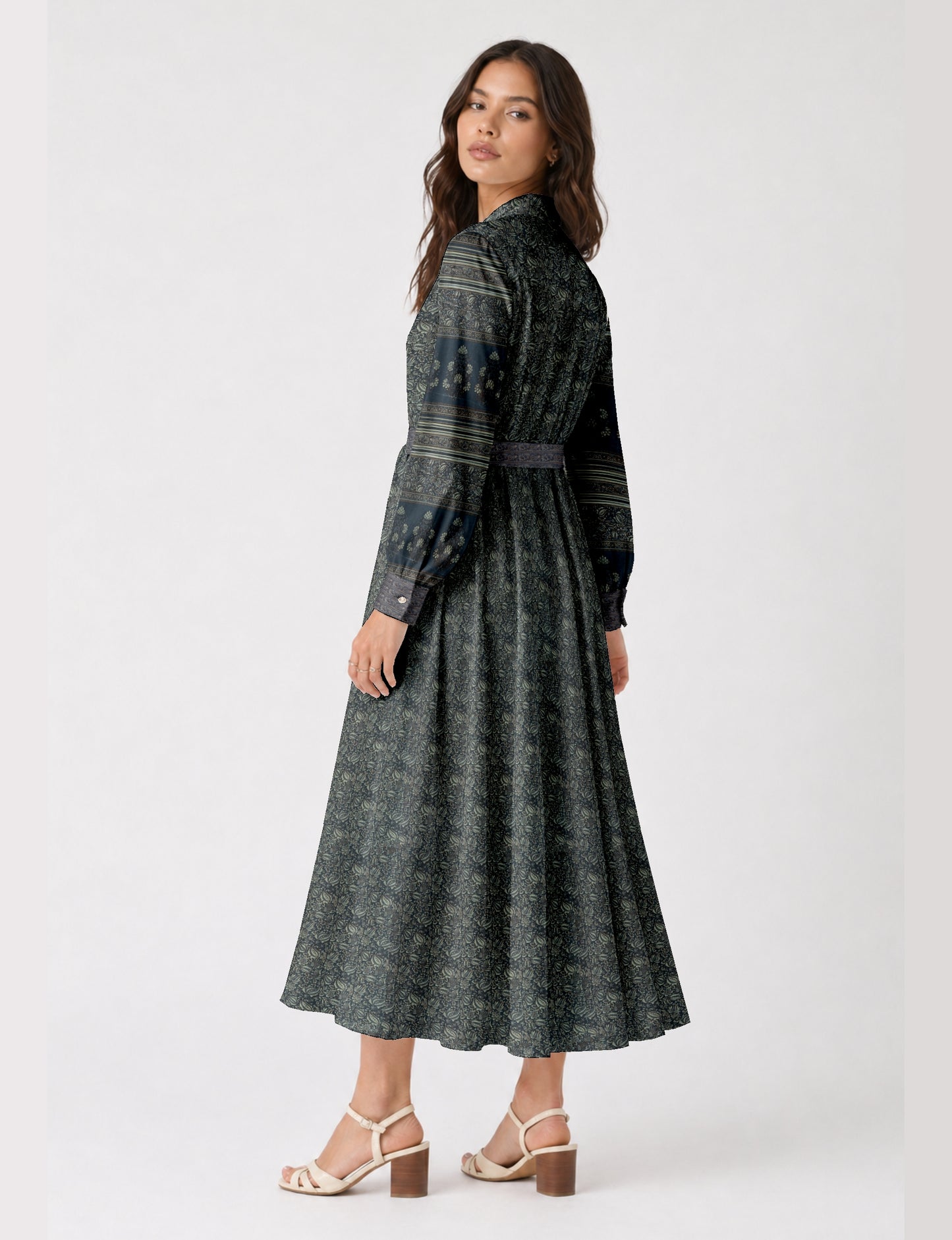 Flowing long shirt dress with relaxed fit and ankle-length design