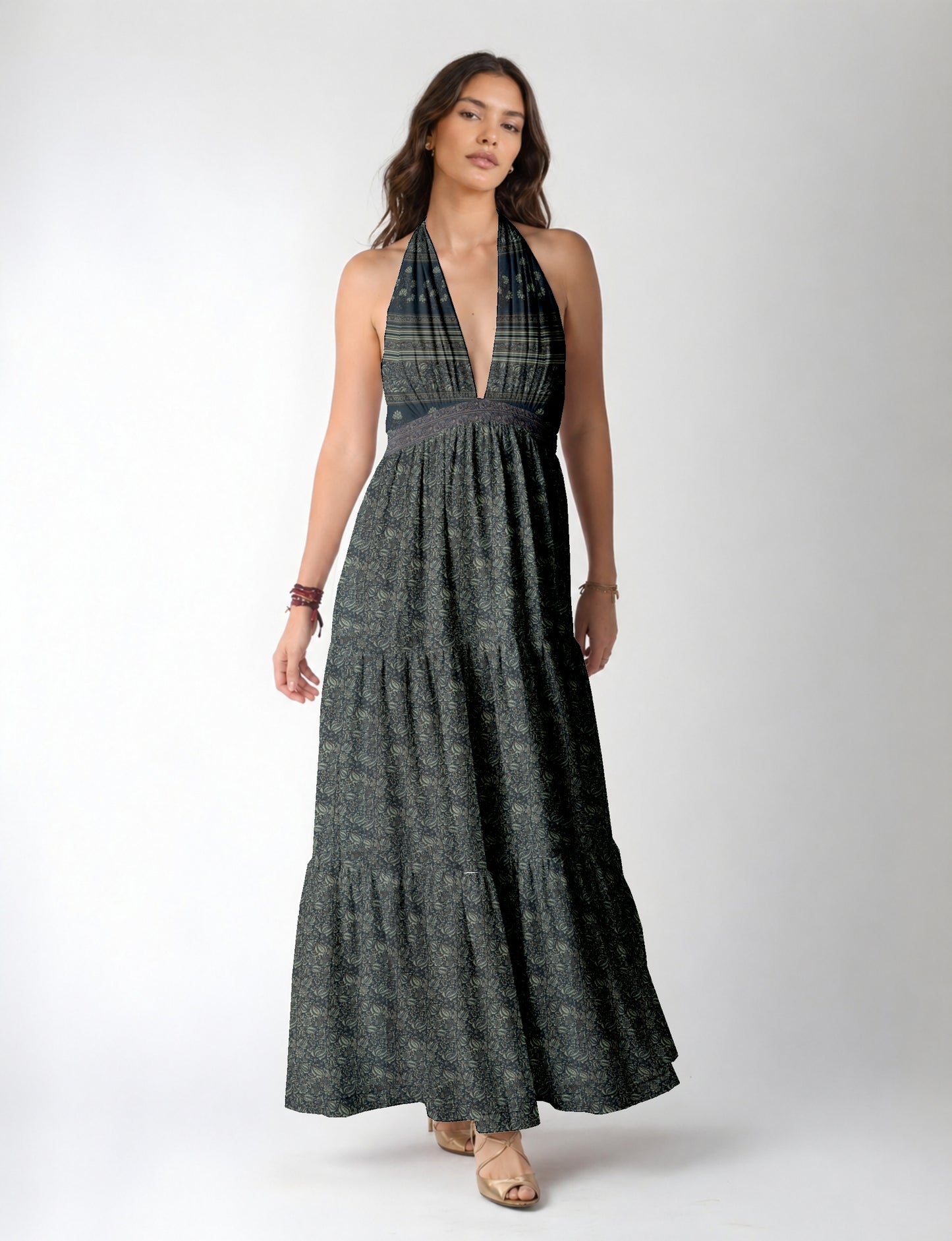 Maxi tiered dress by I was a Sari with halter neckline and flowy silhouette