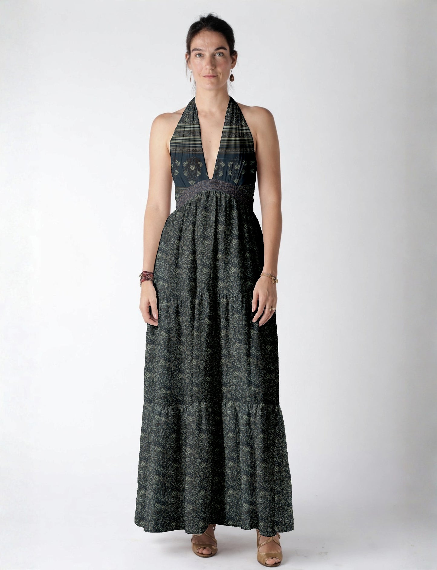 Halter neck maxi dress with tiered layers and elasticated back